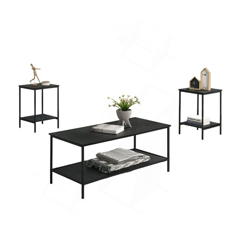 Ensemble de table rustique 3 pièces Table basse 1X Table de bout 2X Table de bout style minimaliste à deux niveaux avec finition noire