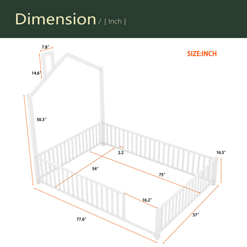 Metal House Platform Bed With Guardrail And Chimney, Full
