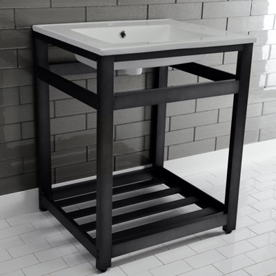 Kingston Brass Quadras 25-Inch Ceramic Console Sink with Stainless Steel Base and Shelf
