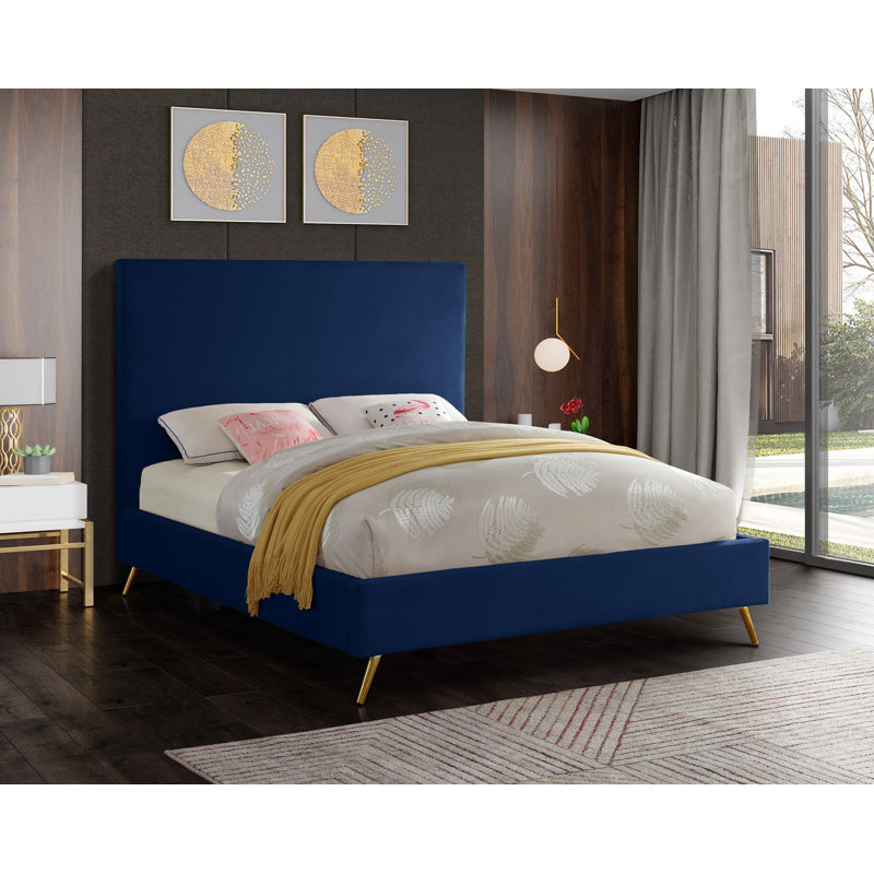 Lit plateforme tapissier Jasmine Lavaca, Très grand, Velours marine