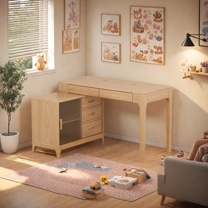 Bureau en L en bois massif avec armoire de rangement intégrée, Tanné, H 29,53 po x l 55,12 po x P 31,5 po