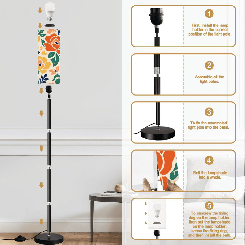 Lampe sur pied à fleurs abstraites artistiques sans soudure Collage créatif contemporain Lampe sur pied à intensité variable avec télécommande Interrupteur au pied avec abat-jour Lampe de coin pour le salon
