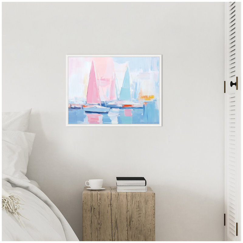Abstrait voilier, paysage pastel et éclats de couleur par The Creative Bunch Studio, reproduction d'art sur toile encadrée