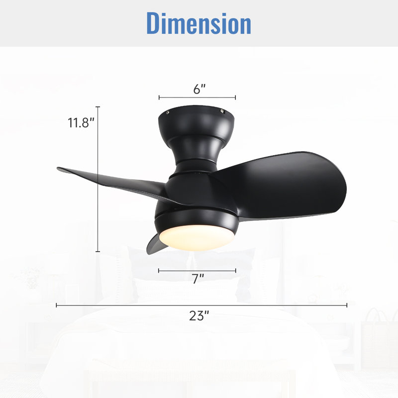 58CM Classic Three ABS Blades Ceiling Fan With LED Lights, Black, Matte Black