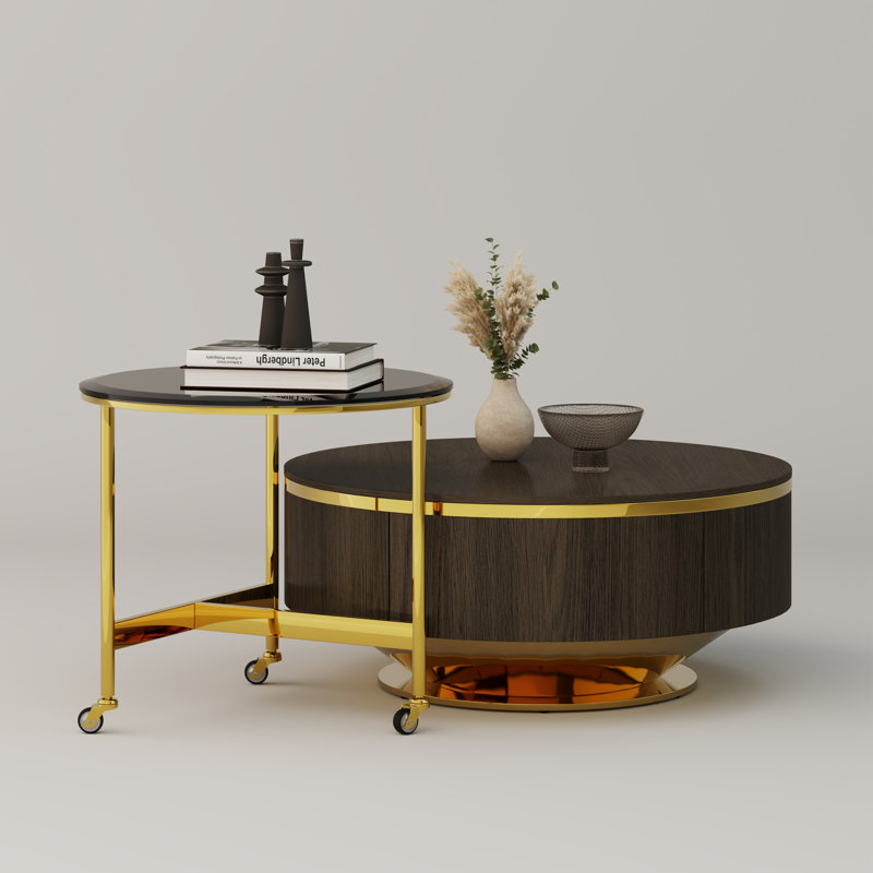 31.5 Inch Walnut And Gold Nesting Coffee Table Set With Two Storage Drawers, Brown Wood, Gold
