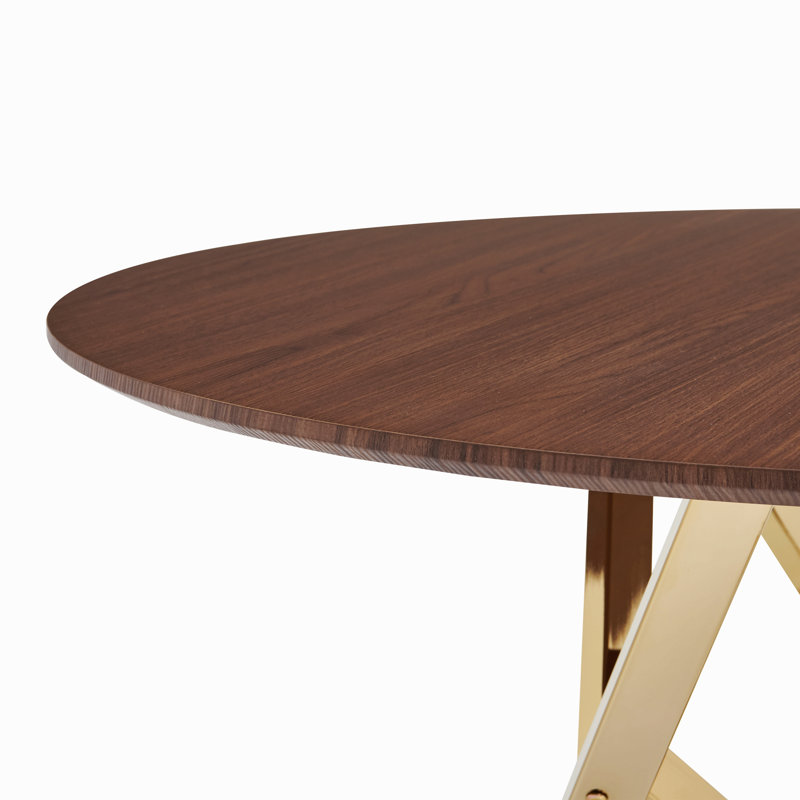 37-Inch Modern Round Dining Table, Small Kitchen Table For 2-4 People, Brown/Walnut Finish With Golden Metal Legs | Gift Idea