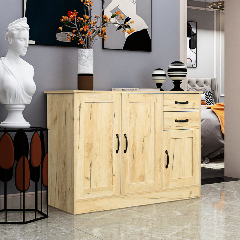 Armoire de vestibule moderne avec 2 portes, 1 rangement et tiroirs - Buffet de salle à manger en chêne de 43,3 pouces, Chêne