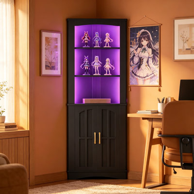 Armoire de coin avec lumières DEL, armoire de rangement de style campagnard haut de 67,3 pouces avec portes et tablettes, armoire d'éclairage réglable à 5 niveaux pour le salon, la cuisine, la salle de bain, noir