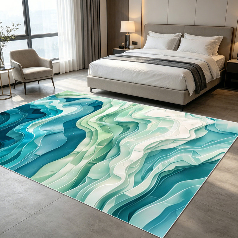 1PC Wavy Teal Sage Green Layered Fluid Abstract Art area rugs for Living Room, Soft, All seasons, Easy-maintain, Washable Indoor mat, Farmhouse suitable for dining room, bedroom, entryway, kitchen, home office, patio Home Decor, Outdoor Decor.