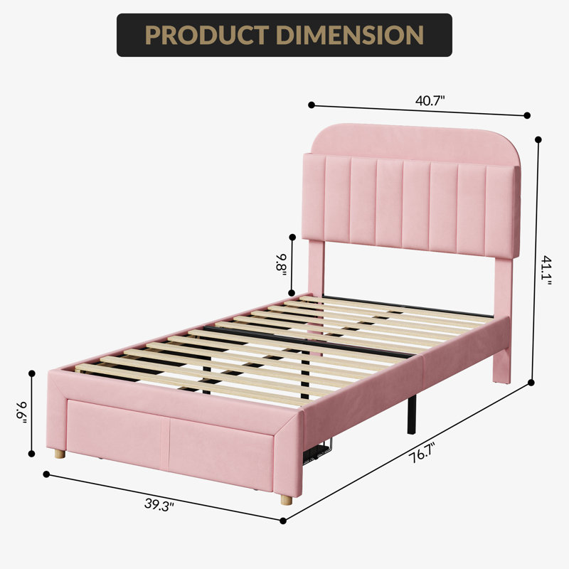Cadre de lit simple pour enfants, lit plateforme tapissier avec grand tiroir de rangement et tête de lit bibliothèque, lit pour filles, silencieux, assemblage facile, aucun sommier tapissier requis, rose clair
