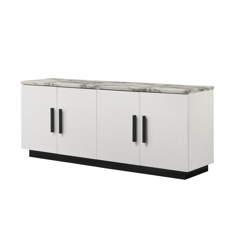 Console White Marble-Impression 63 po, 4 portes, tablette réglable, base contrastante noire, pour créer 63 po avec tentation en marbre