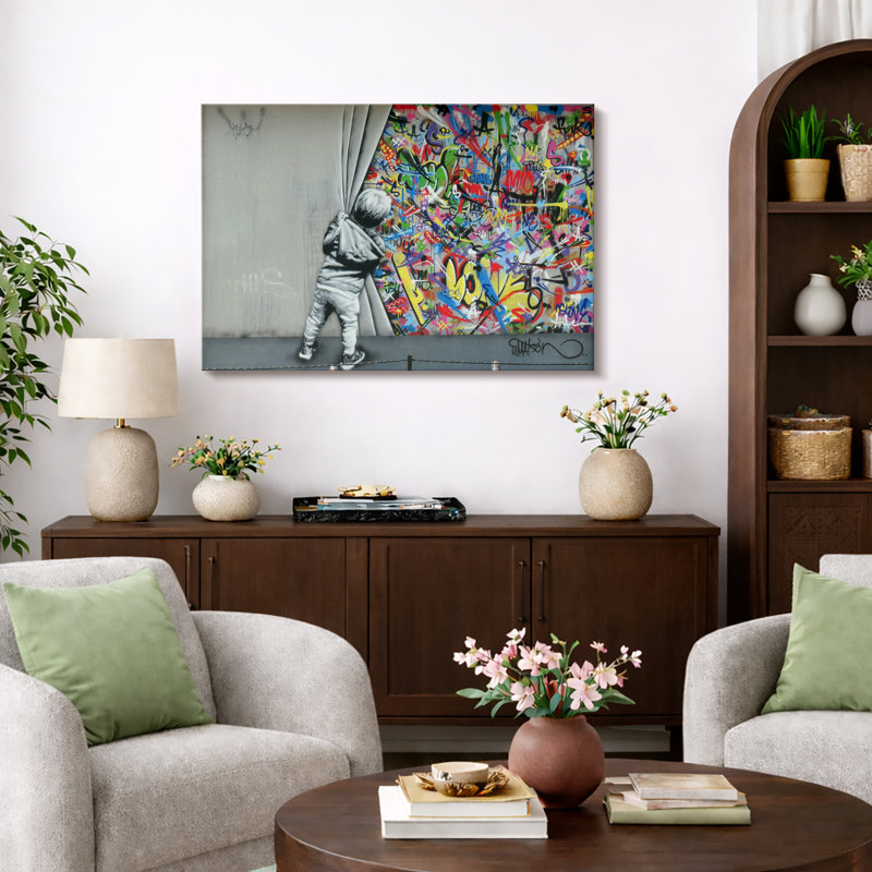 Pop Urban Street "Banksy British Artist Kid Spray Paint Curtain Artwork, Vibrant Illusion Colorful Wall Pictures, Large Framed Canvas Giclee Print Wall Art"
