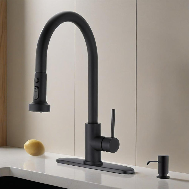 Robinet de cuisine rétractable en acier inoxydable avec distributeur de savon, Noir mat