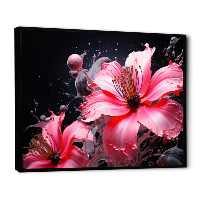 " Pink Black Botanical Symphony ", 30" H x 40" W x 1.5" D, Black Floater Framed
