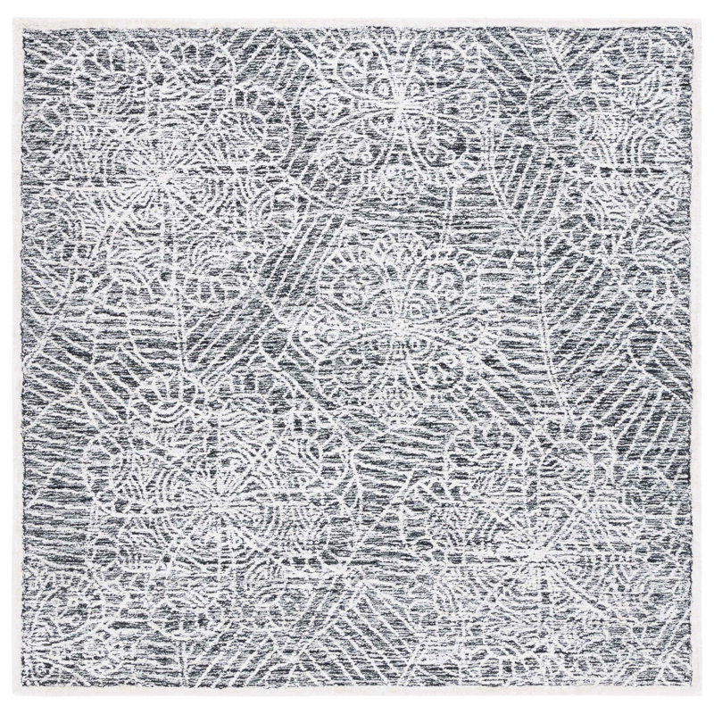 Tapis floral en laine / soie de bambou touffeté à la main avec envers en coton ivoire / noir Geesey, Carré 6 pi