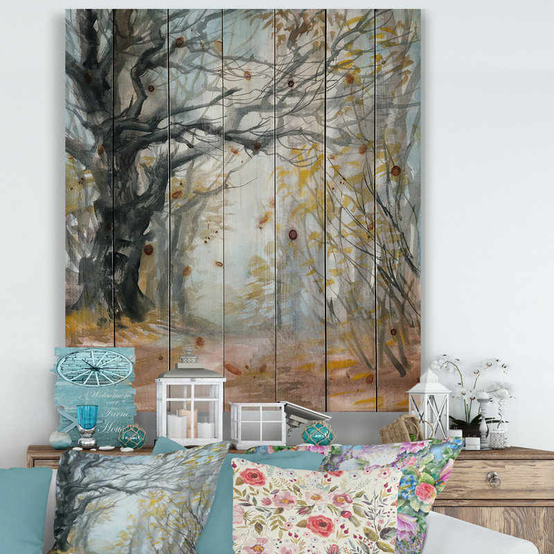Forêt d'automne brumeuse - reproduction de Lake House sur bois de pin naturel, H 35 po x l 25 po x P 0,78 po