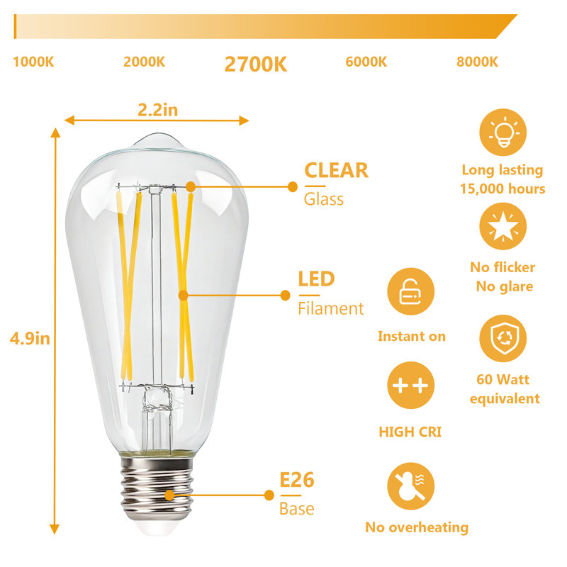 Paquet de 6 ampoules candélabres à DEL E12, blanc chaud 4W 2700K, filament en verre transparent, équivalent 40W, courant constant, protection des yeux, ampoules décoratives à bout de flamme pour lustres et appliques
