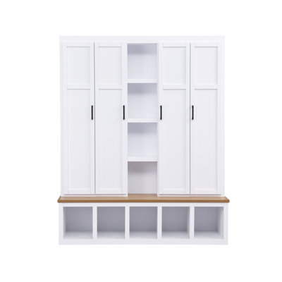 62.9"W Farmhouse 4-In-1 Hall Tree With 6 Hanging Hooks, Mudroom Wood Grain Bench With Open Compartments, Entryway Shoe Cabinet With Seating Bench For Living Room, Hallway, White