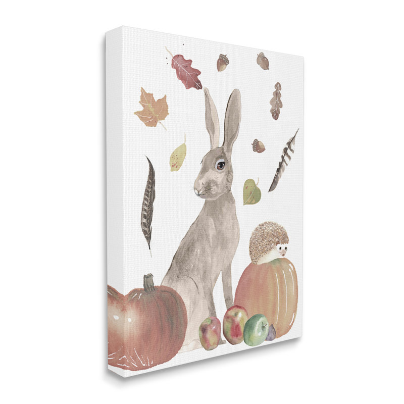 Feuillage d'automne «Rabbit And Hedgehog Pumpkin» par Alicia Longley - Peinture, Toile tendue, H 20 po x l 16 po