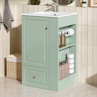 Meuble-lavabo autoportant de 20 po avec lavabo en céramique, trou de robinet simple, armoire de rangement en panneau de fibres à densité moyenne avec tiroir à fermeture en douceur, tablettes latérales ouvertes avec barre à serviettes en pin, petit meuble-lavabo moderne pour salle de bain compacte