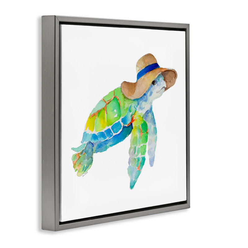 «Beach Ready Turtle» par Lanie Loreth, H 18 po x l 18 po, Cadre flottant gris lustré
