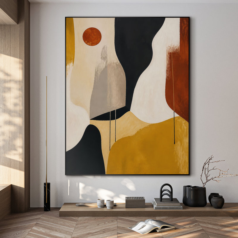 Très grand reproduction d'art sur tissu - Abstrait géométrique moderne avec des formes moutarde et terre cuite pour le salon ou la chambre à coucher - «Assemblage requis du cadre (cadre non fini)»