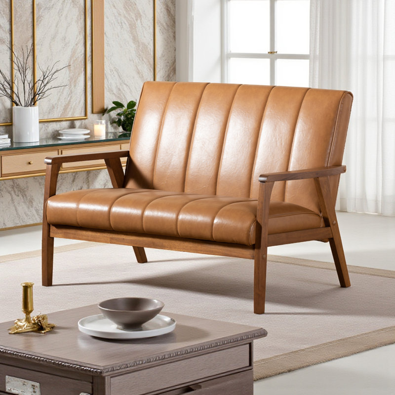 Causeuse brune en simili cuir et bois massif Barbara, H 31,84 po x l 45,02 po x P 29,61 po