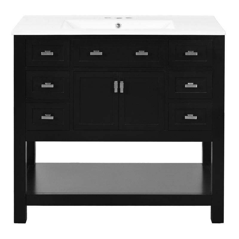 Meuble-lavabo 36 po avec lavabo 36 po, 6 tiroirs, portes à fermeture douce, noir, plateau 36 po, 2 touches modernes et fonctionnelles