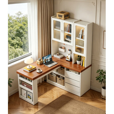 Bureau d'étude en L en bois massif rétro avec rangement pour armoire