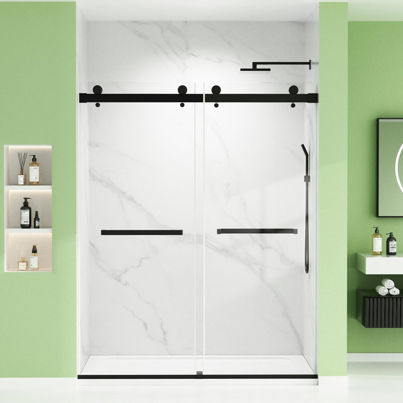 Porte de douche double coulissante 60 po x l 74 po x H 60 po, verre trempé 8 mm, eau, solution de salle de bain l, H, noir, bon fonctionnement, décoration