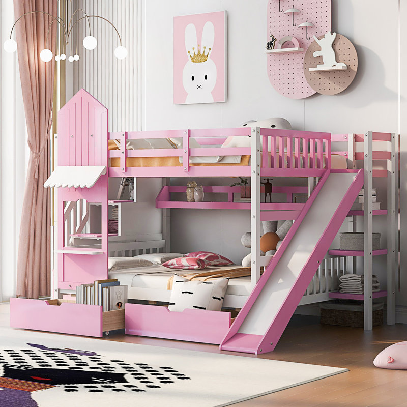 Lit superposé double de style château avec 2 tiroirs, 3 tablettes et glissade, Rose