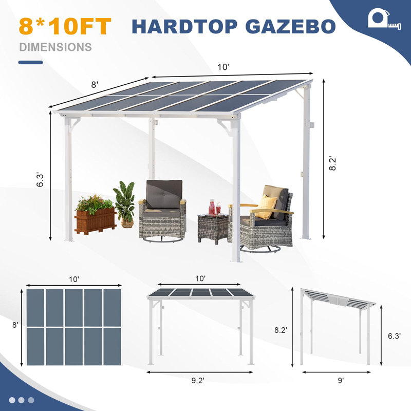 Pergola murale en aluminium avec lumière solaire Yardgrace, H 98 po x l 120 po x P 96 po