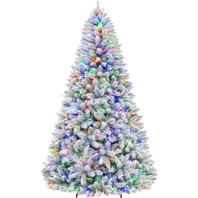 7.5 ft Prelit Snow Flocked Christmas Tree, 450 Color Changing LED Lights, 1446 Hinged Branch Tips, 10 Colors, Full Snowy Appearance, Easy Assembly, Metal Stand