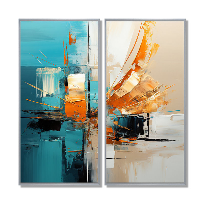 «Glorious Sunset Orange Turquoise Abstract», reproduction sur toile abstraite, art mural abstrait turquoise 2 panneaux