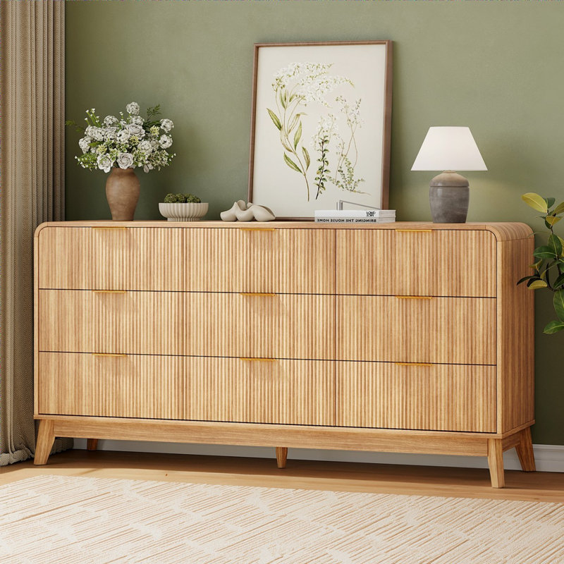 Harnolt Fluted 9-Drawer Dresser 62.8'' W Wood Wide Chest Of Drawers With Metal Handle