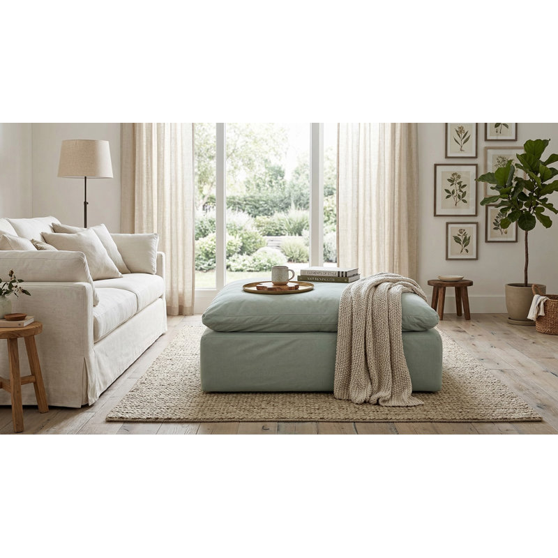 Repose-pieds modulaire carré à recouvrement de 44 po Collection Sunset Trading Contemporary Puff | Tissu performance lavable résistant à l'eau | Résistant aux taches | Grand repose-pieds en duvet rembourré | Bleu océan