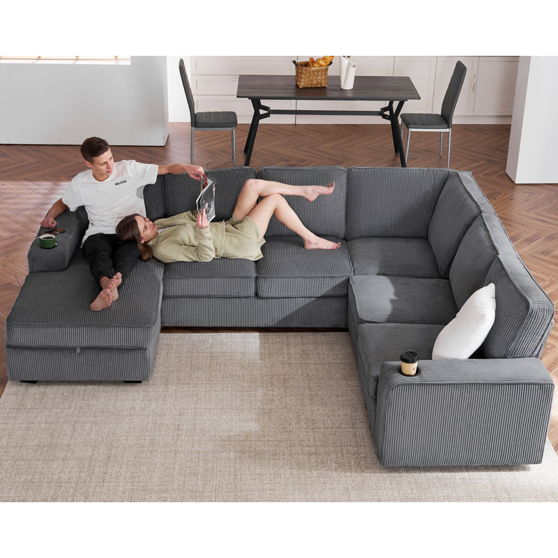 Canapé modulaire Glendora de 112 po avec chargement USB, rangement pour chaise longue et porte-gobelets, Velours côtelé gris