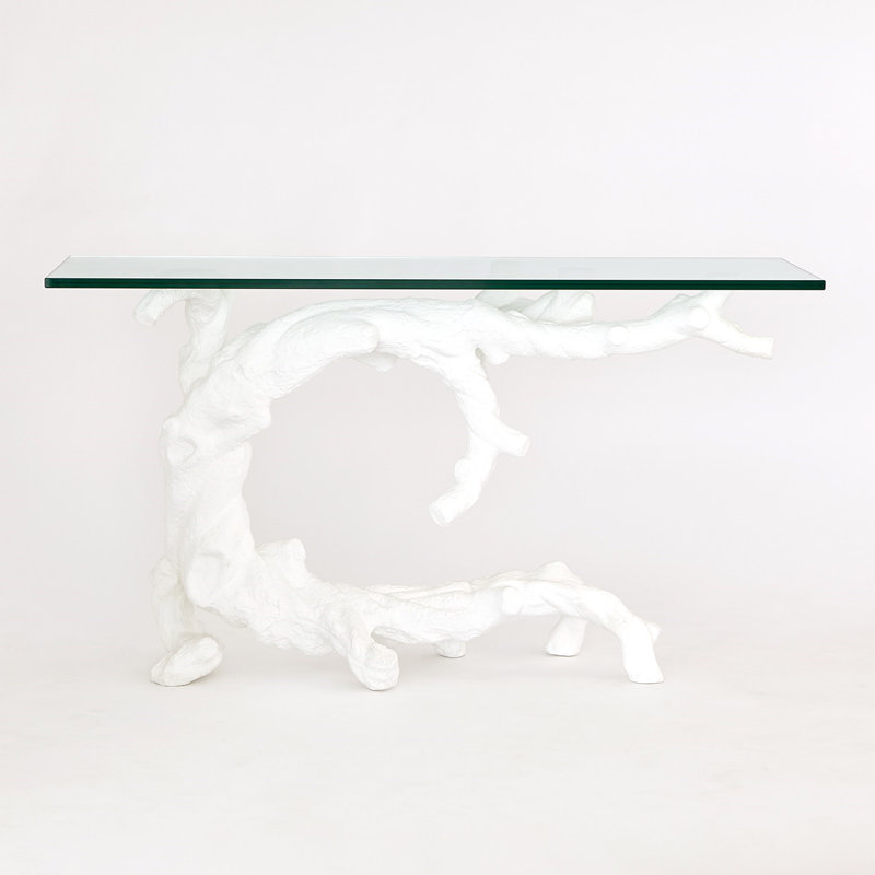 Twisted Juniper Matte White Cast Aluminum Console with Tempered Glass Top
