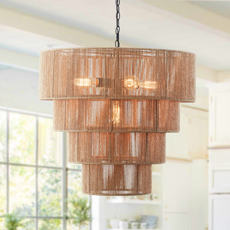 Aleris 5 - Light Shaded Tiered Rattan Pendant, Gold