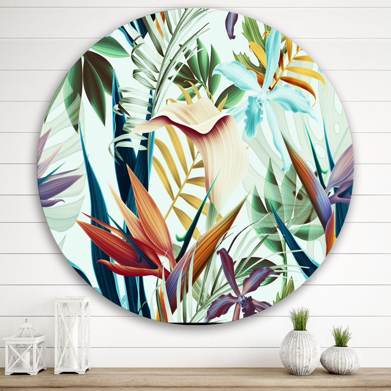 Fleurs tropicales rétro I - Art mural cercle tropical en métal, H 29 po x l 29 po x P 1 po