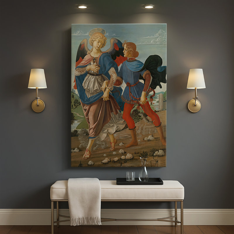 Tobias et l'ange - Toile tendue avec châssis par Leonardo Da Vinci, 32 x 48