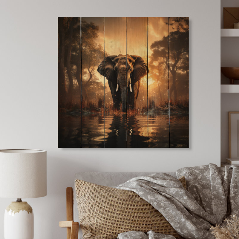 Portrait d'éléphant monochrome II - impression sans cadre sur bois, H 25 po x l 25 po x P 0,78 po