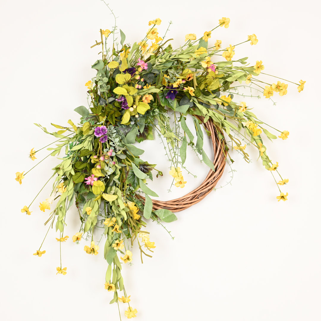 28" Spring Summer Front Door Wreath with Pansy Daisy Blossoms Cluster Primrue