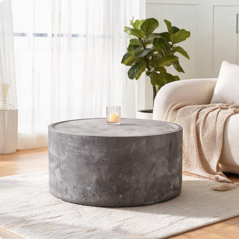 Table basse ronde en faux béton gris doux, aucun assemblage requis, pour le salon