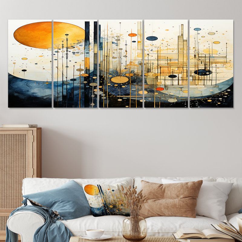 Pleine lune musique montagnes - ensemble d'art mural abstrait paysage 5 pièces, H 28 po x l 60 po
