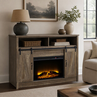 Rustic Oak 2-Door Fireplace with 2 Shelves, Wooden Storage and Display for Living Room
