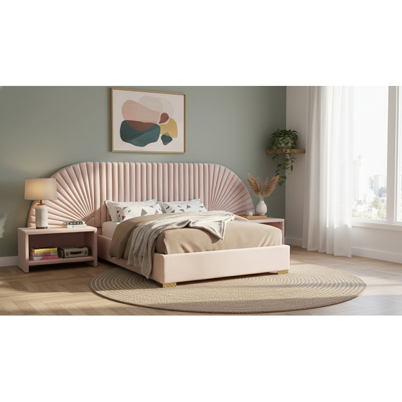 Upholstered Panel Bed, King, Pink Velvet
