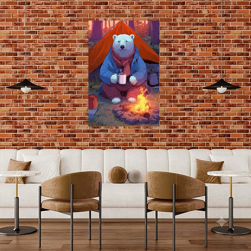 Ours polaire, feu de camp, café, pacifique, abstrait, ours contemporain, forêt d'automne, art mural, H 48 po x l 32 po