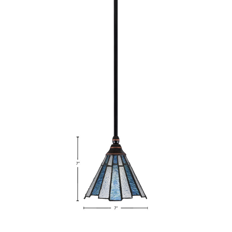 Stem Hung Mini Pendant Shown With 7" Sea Ice Art Glass, Black Copper