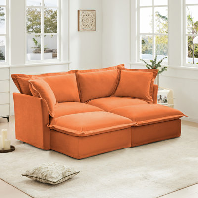Slipcovered Sofa 2 Seater Sofa With 2 Ottomans, Comfy Couch
